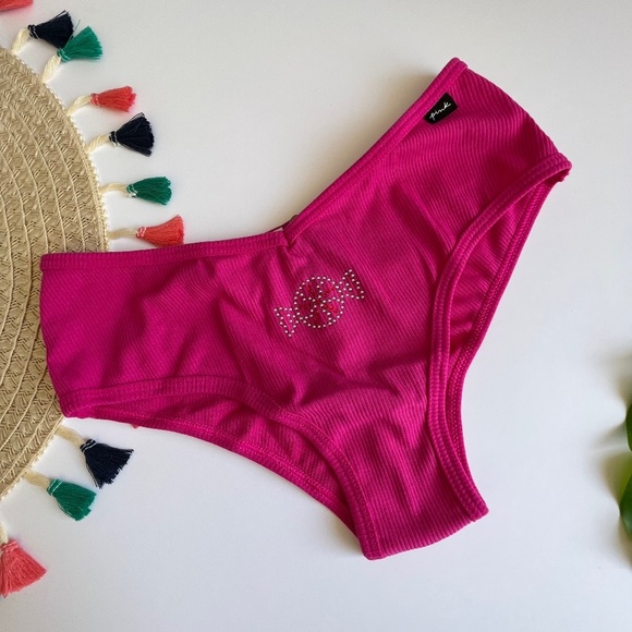 Victoria's Secret PINK Cotton Cheekster Panty Neon Fuschia Candy Rhinestone NEW - Picture 2 of 3